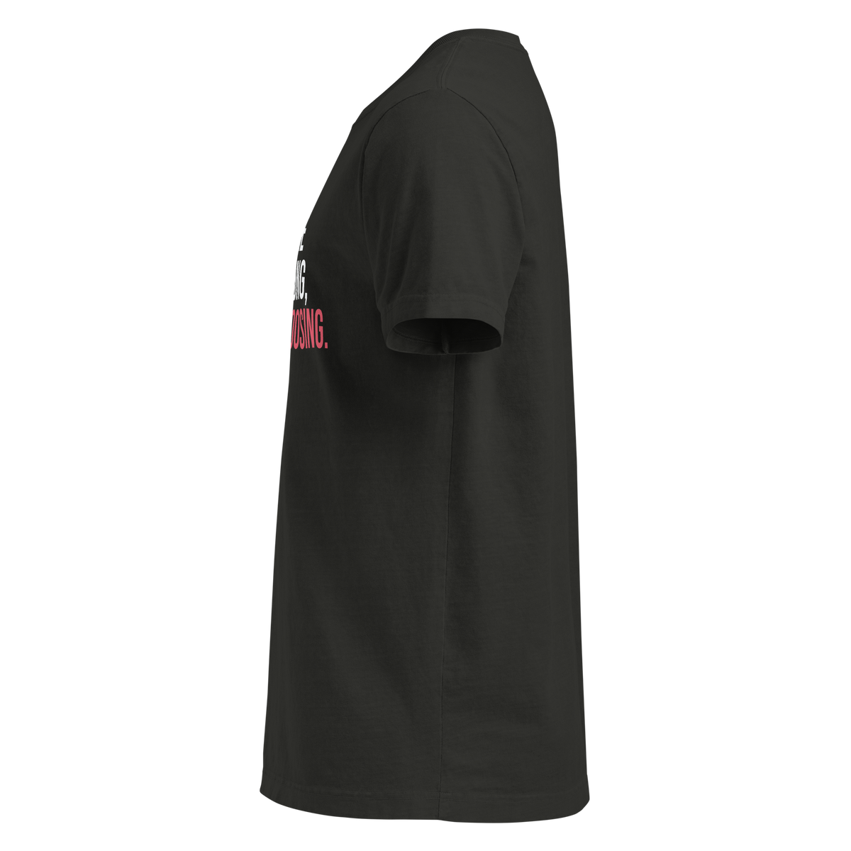 WHAT YOU'RE NOT CHANGING, YOU'RE CHOOSING. — Faded Black HOMS Clues tee, left side