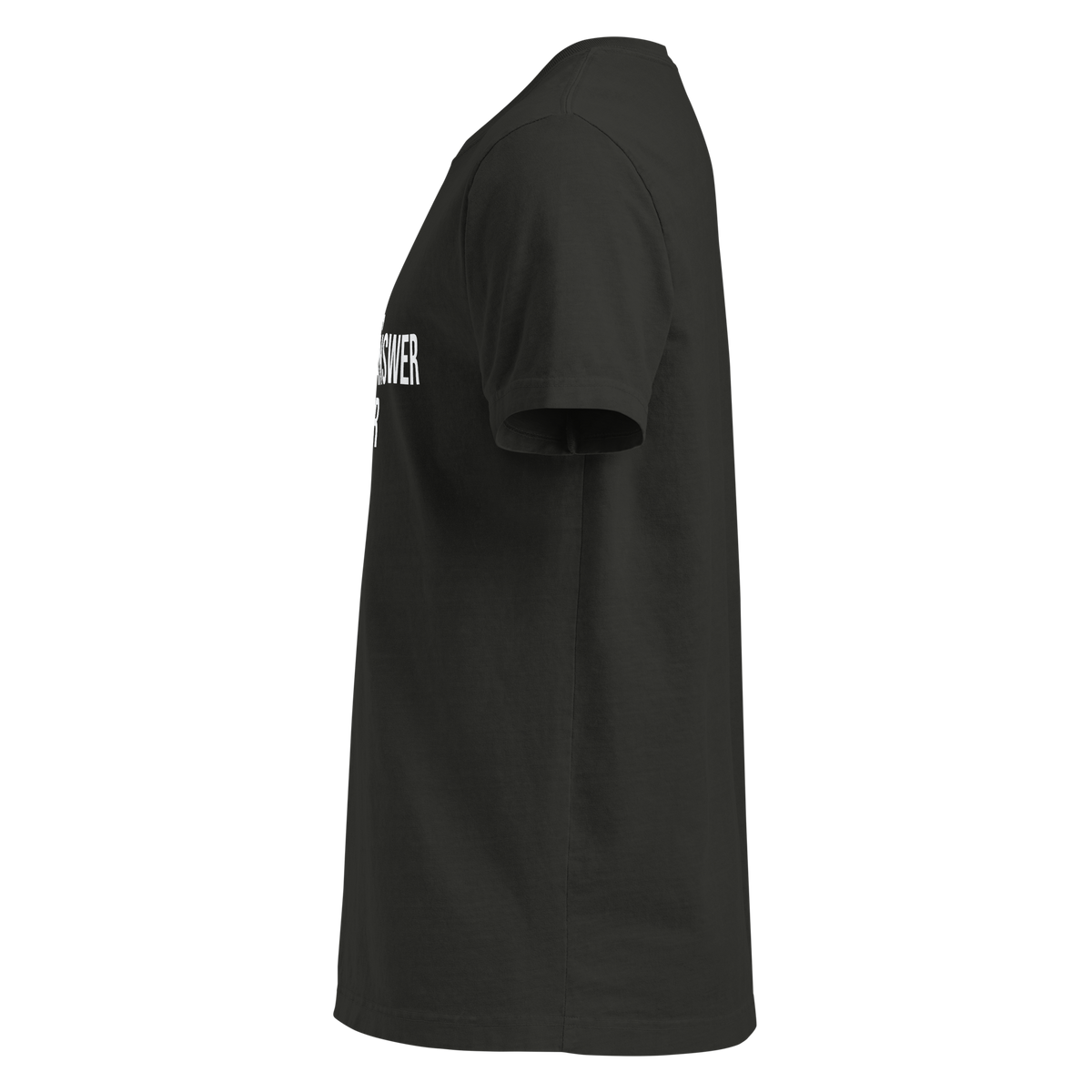 SOMETIMES, THE BEST ANSWER IS A BETTER QUESTION. — Faded Black HOMS Clues tee, left side
